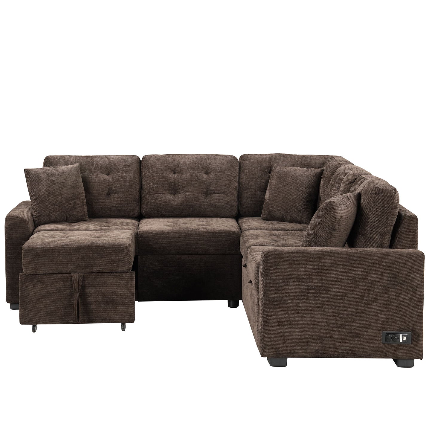 L-Shape Sofa Bed Pull-Out Sleeper Sofa With Wheels, USB Ports, Power Sockets For Living Room - Brown