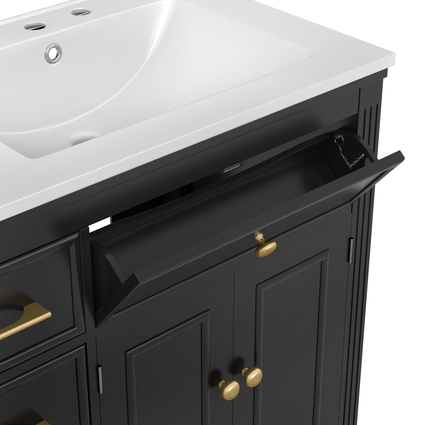Modern Bathroom Vanity With Ceramic Sink, Freestanding, One Tip - Out Drawer, 3 Side Drawers, Adjustable Shelf - Beige