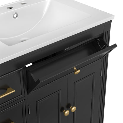 Modern Bathroom Vanity With Ceramic Sink, Freestanding, One Tip - Out Drawer, 3 Side Drawers, Adjustable Shelf - Beige