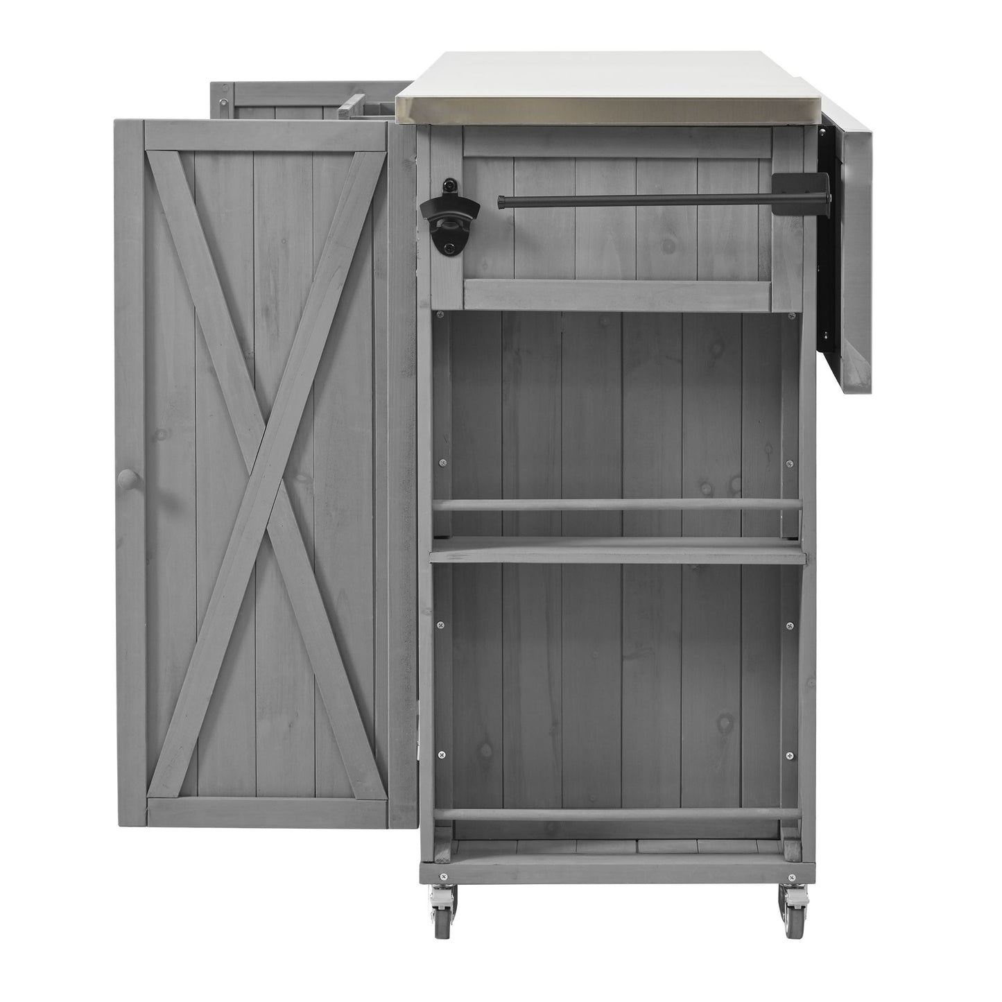 Outdoor Kitchen Island Fir Wood Kitchen Island With Stainless Steel Top, Ample Storage Space, Towel And Spice Racks And A Bottle Opener For Outdoor - Gray