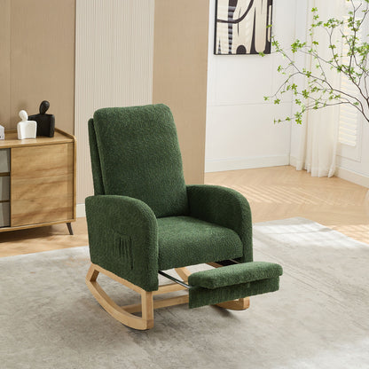 Boucle High Back Glider Rocking Chair With Retractable Footrest And Rubber Wood Legs For Nursery And Living Room - Green