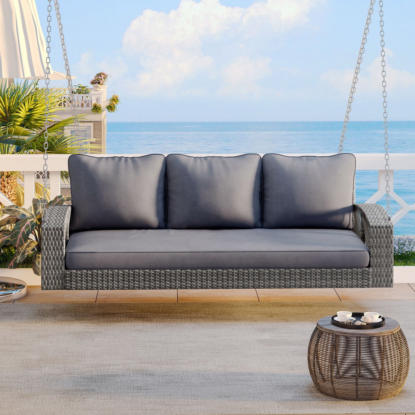 3 Person Porch Swing With Chains, Large Patio Swing Bench With Cushions For Backyard, Garden, And Poolside - Gray