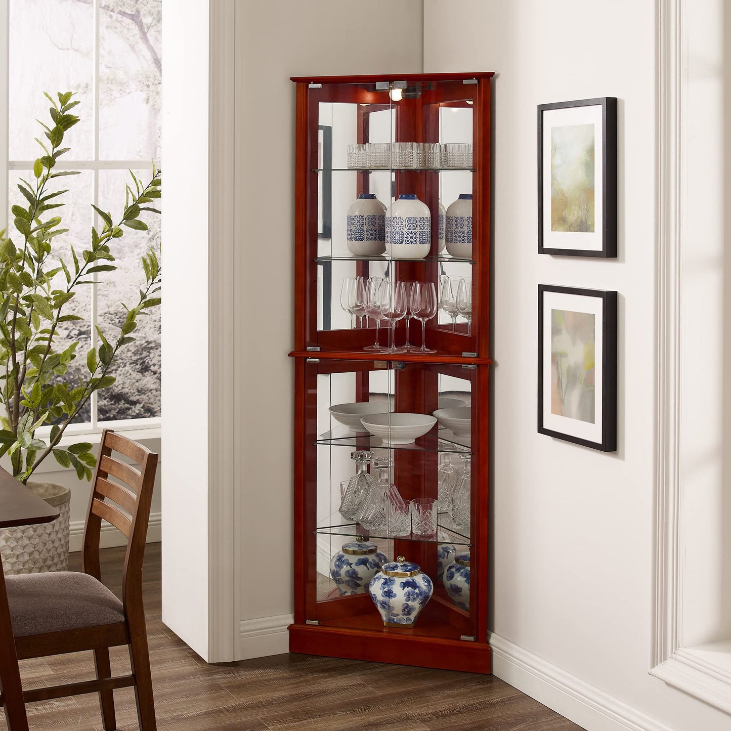 Corner Curio Dispaly Cabinet With Lights, Adjustable Tempered Glass Shelves, Mirrored Back (E26 Light Bulb Not Included) - Cherry