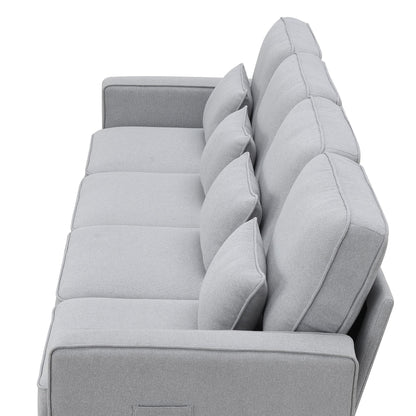 4 Seater Modern Linen Sofa With Armrest Pockets And 4 Pillows, Minimalist Style Couch - Light Gray