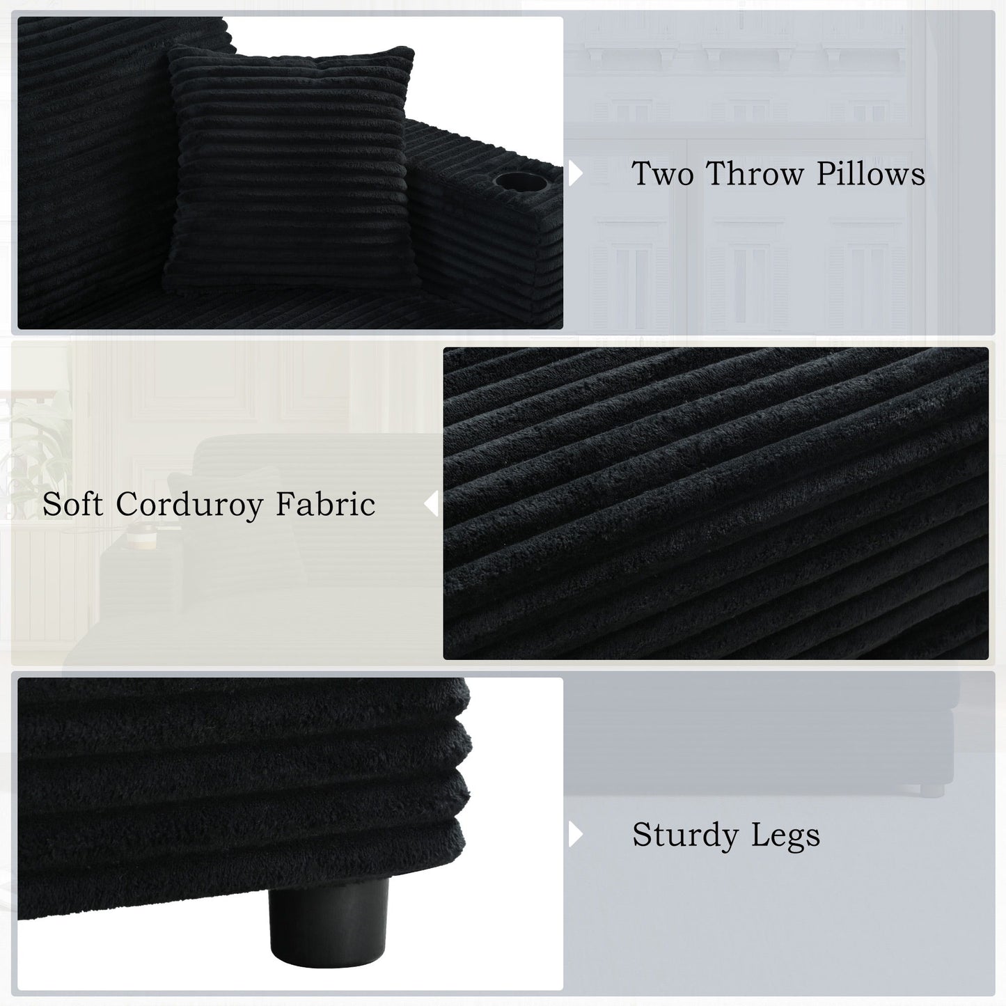 Oversized Loveseat Chaise Lounge Sectional Sofa Bed Corduroy Sleeper Sofa With 2 USB Ports, 2 Cup Holders And 2 Throw Pillows For Living Room And Bedroom - Black