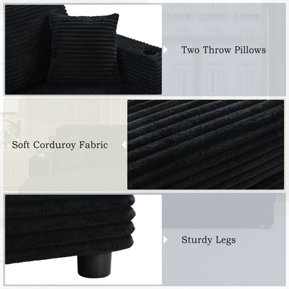 Oversized Loveseat Chaise Lounge Sectional Sofa Bed Corduroy Sleeper Sofa With 2 USB Ports, 2 Cup Holders And 2 Throw Pillows For Living Room And Bedroom - Black