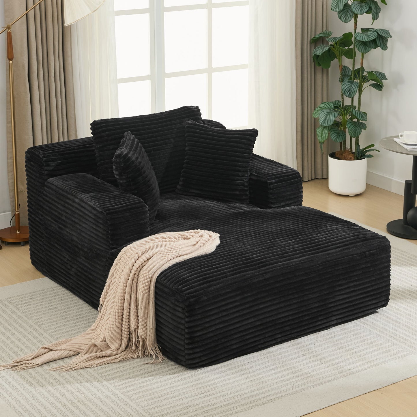 Modern Corduroy Chaise Lounge Sofa Bed With Removable Pillows, Upholstered Sleeper Sofa - Black