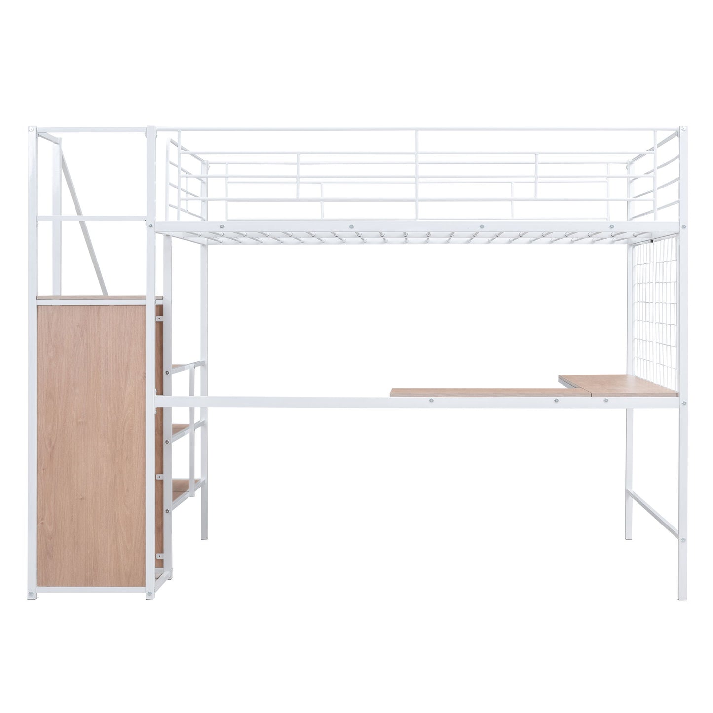 Full Size Loft Bed With Desk And Grid, Stylish Frame With Lateral Storage Ladder And Wardrobe - White