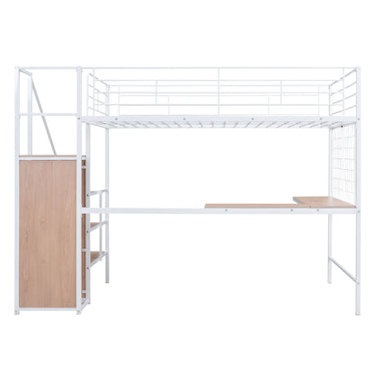 Full Size Loft Bed With Desk And Grid, Stylish Frame With Lateral Storage Ladder And Wardrobe - White