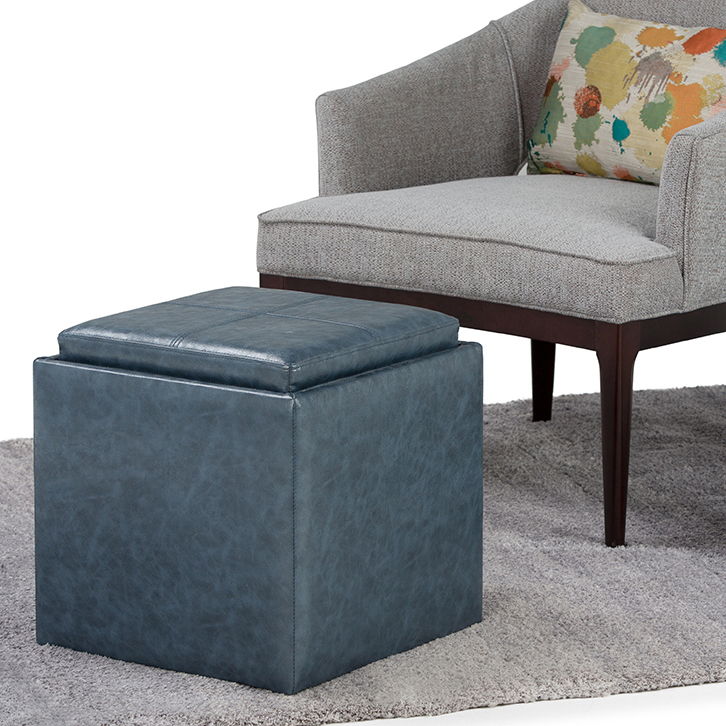 Rockwood - Cube Storage Ottoman With Tray - Denim Blue