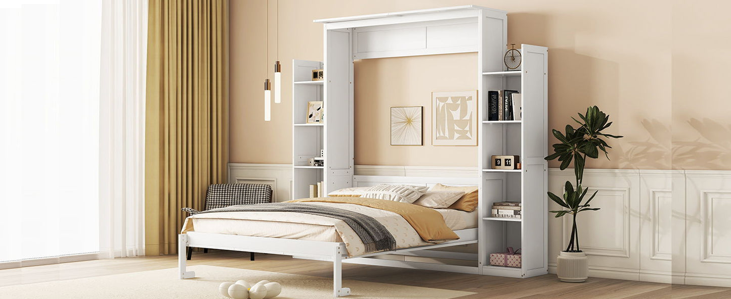Queen Size Murphy Wall Bed With Shelves And LED Lights - White