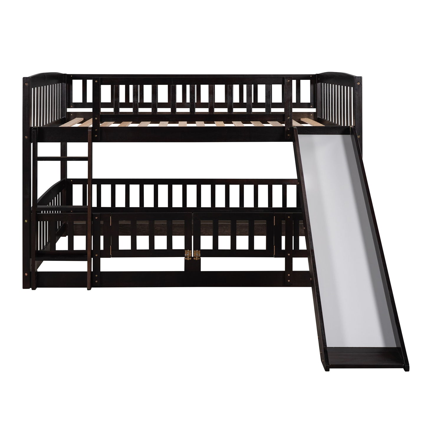 Full Over Full Low Bunk Bed With Slide, Fence And Ladder For Toddler - Espresso