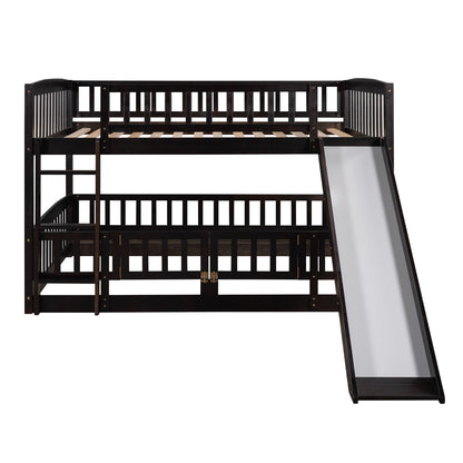 Full Over Full Low Bunk Bed With Slide, Fence And Ladder For Toddler - Espresso