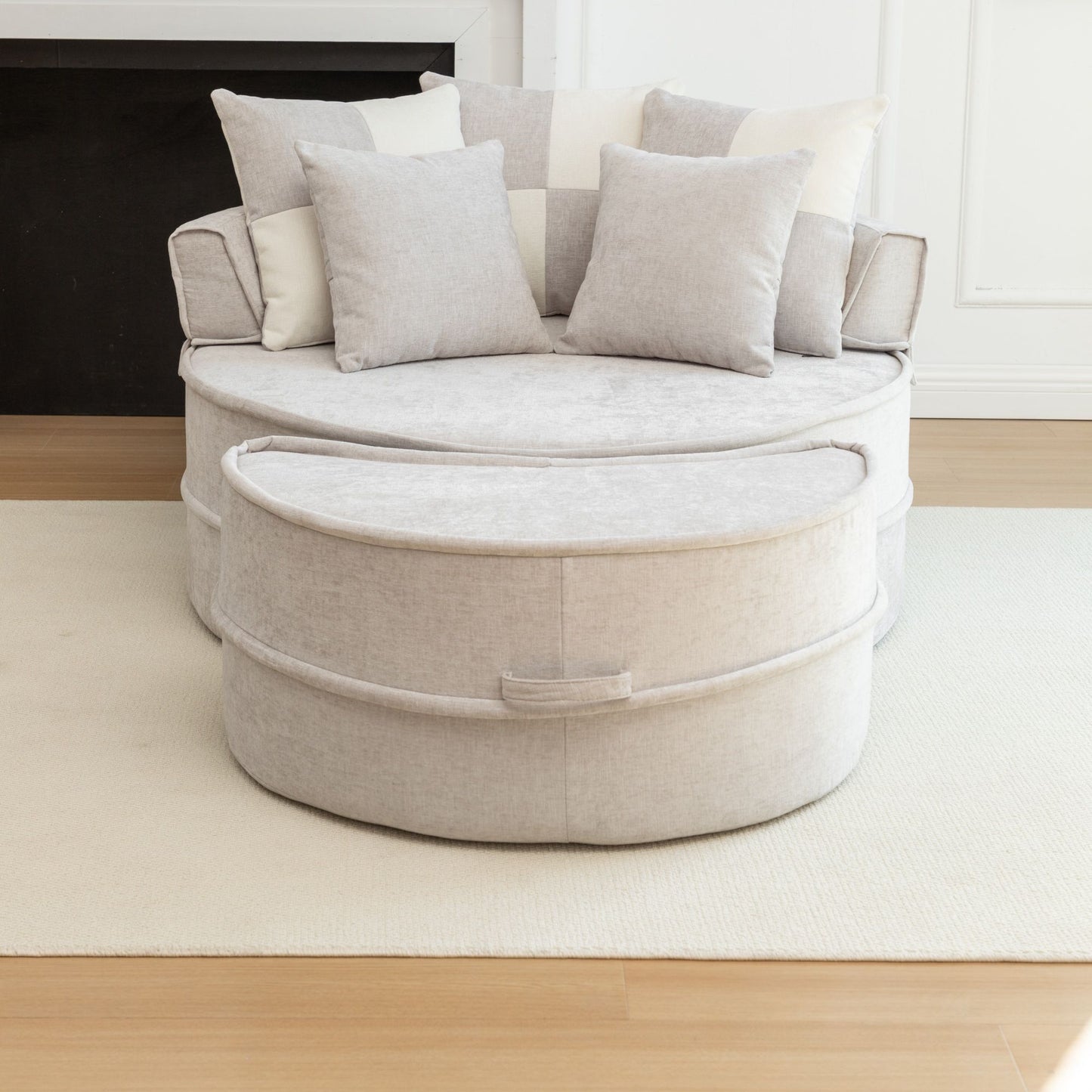 Modern Oversized Round Barrel Accent Chair With Ottoman - Velvet Upholstered Lounge Armchair With 5 Pillows For Living Room Or Bedroom - Gray