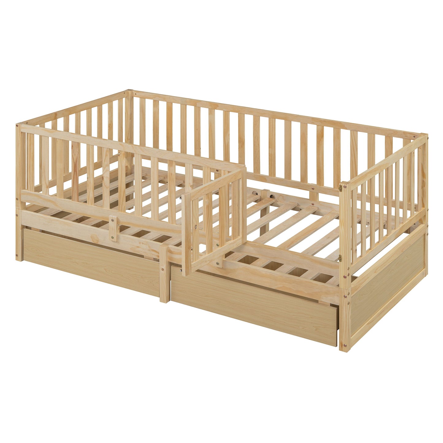 Twin Size Daybed With Fence Guardrails And 2 Drawers, Versatile Split Floor Bed & Daybed - Natural