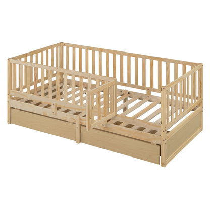 Twin Size Daybed With Fence Guardrails And 2 Drawers, Versatile Split Floor Bed & Daybed - Natural