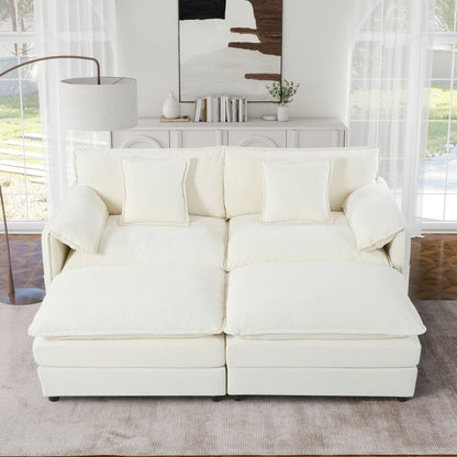 Deep Seat Sectional Cloud Sofa With 2 Ottomans & Soft Pillows, Modular Loveseat For Living Room - Beige Chenille 75.59X57.48X33.46 Inches