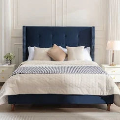 Peyton - King Bed Upholstered With High Headboard, Traditional Hand Buttoned Tufting - Blue