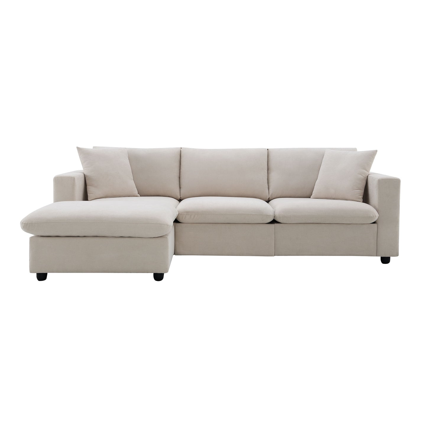Modern Sectional Sofa With Throw Pillows, Cloud L Shaped Couch Set With Wide 4 Seat Comfy Couch Set With Movable Ottoman - Beige