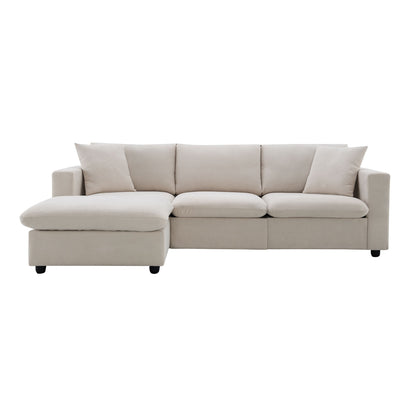Modern Sectional Sofa With Throw Pillows, Cloud L Shaped Couch Set With Wide 4 Seat Comfy Couch Set With Movable Ottoman - Beige
