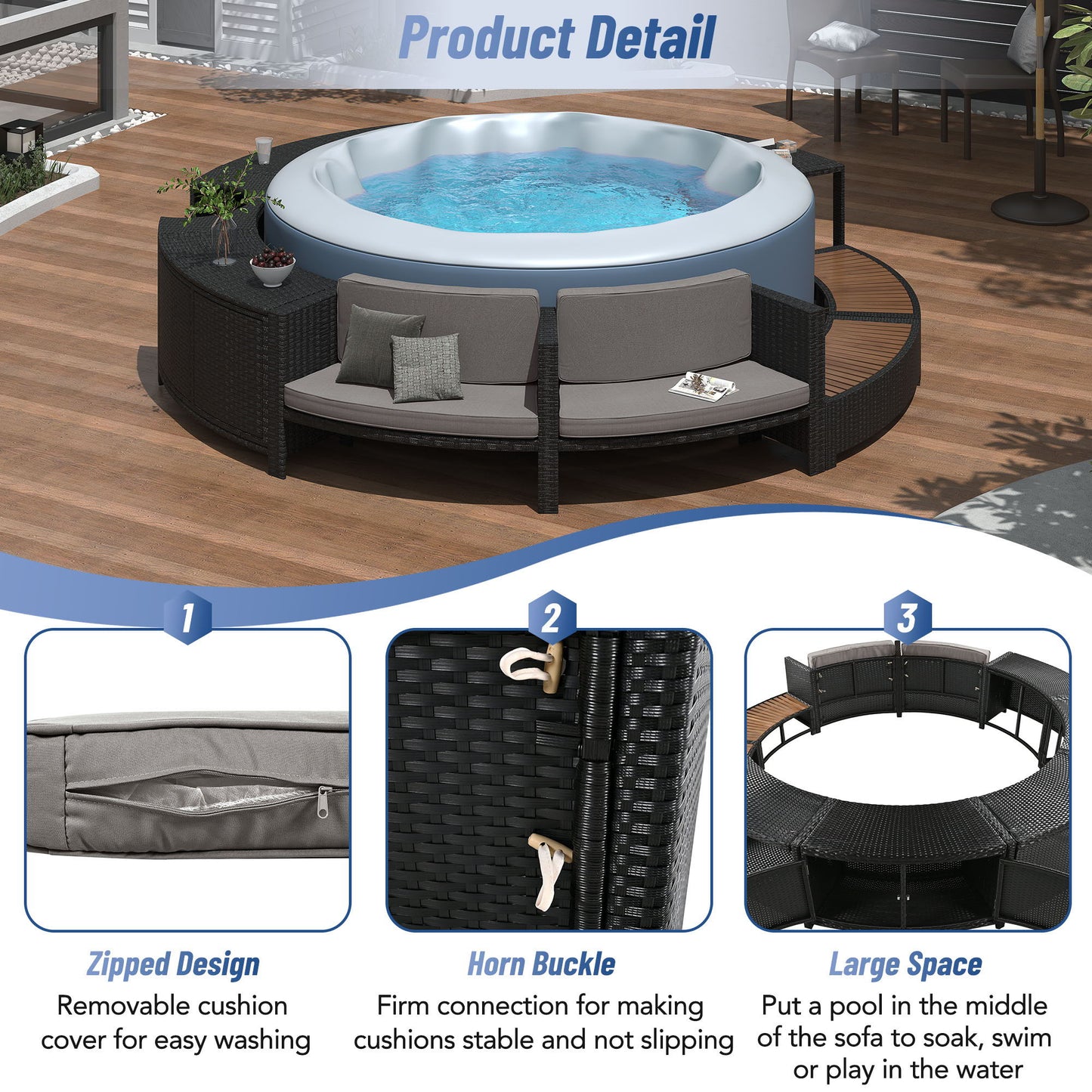Spa Surround Spa Frame Patio Rattan Sofa Set With Storage Spaces, Mini Sofa And Comfortable Cushion For Patio, Backyard - Gray
