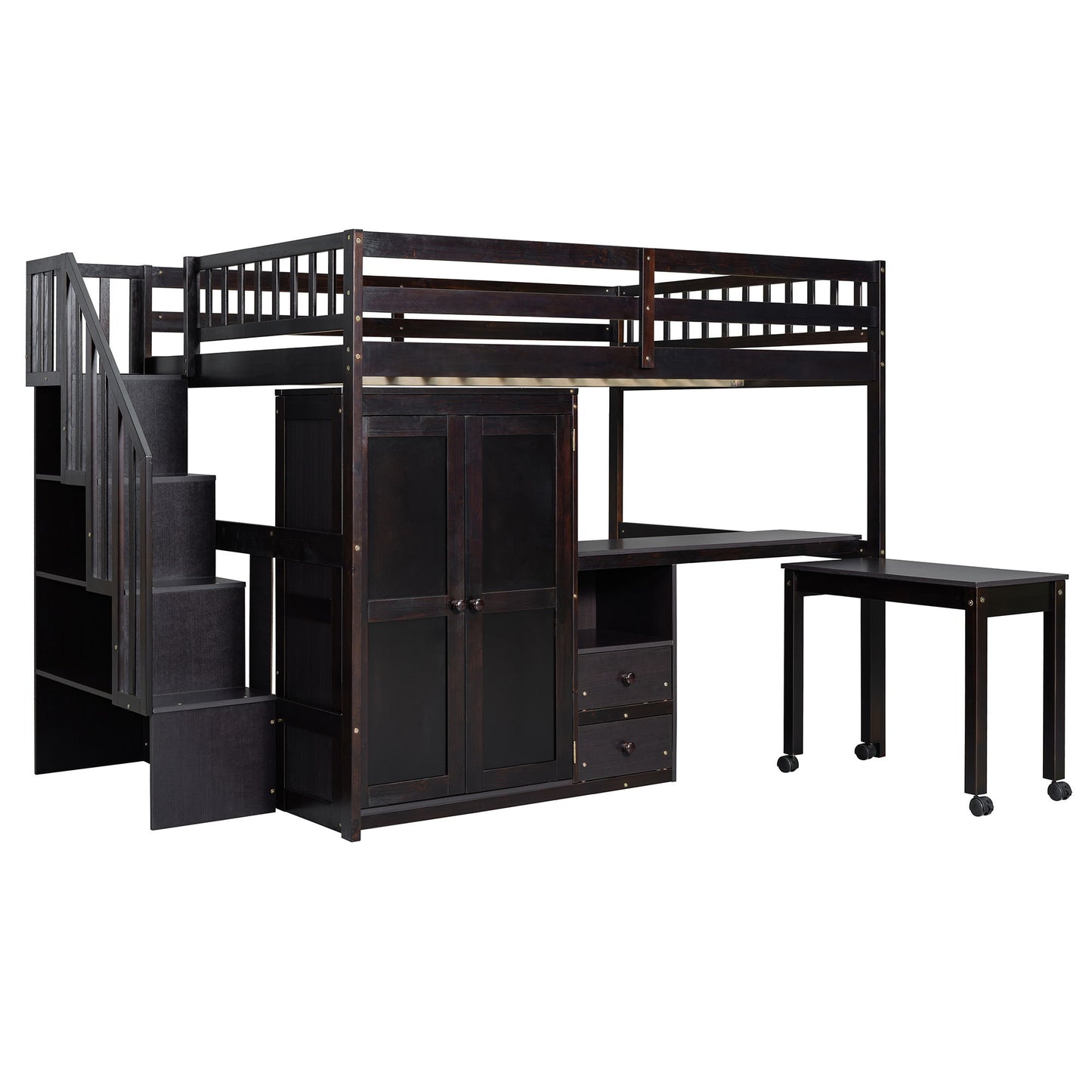 Full Size Loft Bed With Stairs, Bookshelf, Drawers, Desk & Wardrobe, Space Saving Multifunctional Furniture - Espresso