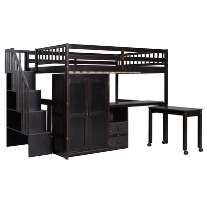 Full Size Loft Bed With Stairs, Bookshelf, Drawers, Desk & Wardrobe, Space Saving Multifunctional Furniture - Espresso