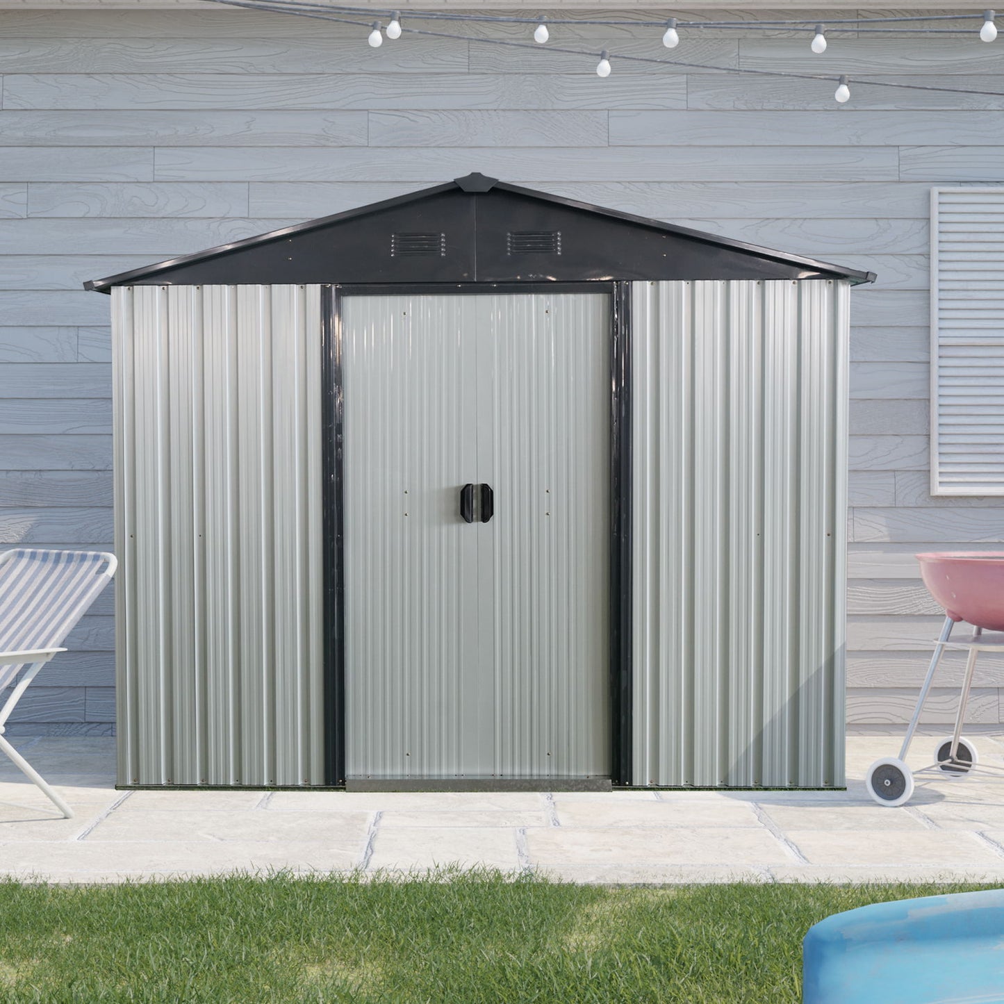 8Ft X 4Ft Outdoor Metal Storage Shed With Sliding Door And Foundation For Backyard, Patio, Lawn - White / Black