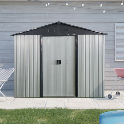 8Ft X 4Ft Outdoor Metal Storage Shed With Sliding Door And Foundation For Backyard, Patio, Lawn - White / Black