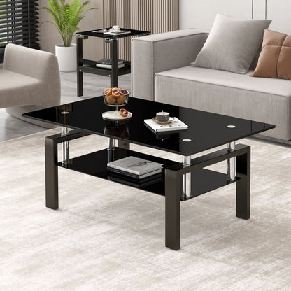 Tempered Black Glass Coffee Table, 2-Layers Tea Table - Black