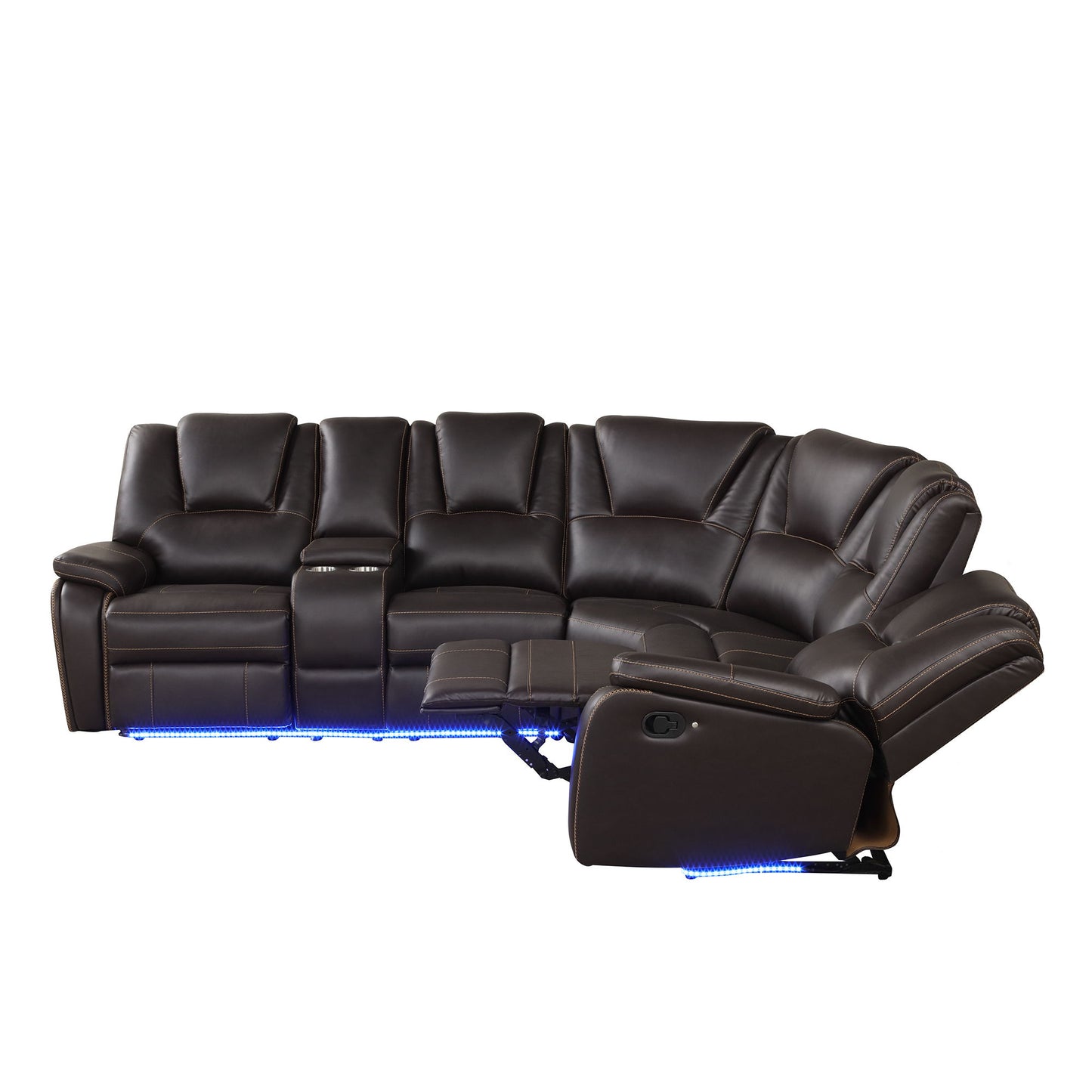Modern Faux Leather Manual Reclining With Center Console And LED Light Strip, Living Room Furniture Set, Symmetrical Couch With 2 Cup Holders And Storage For Living Room - Brown