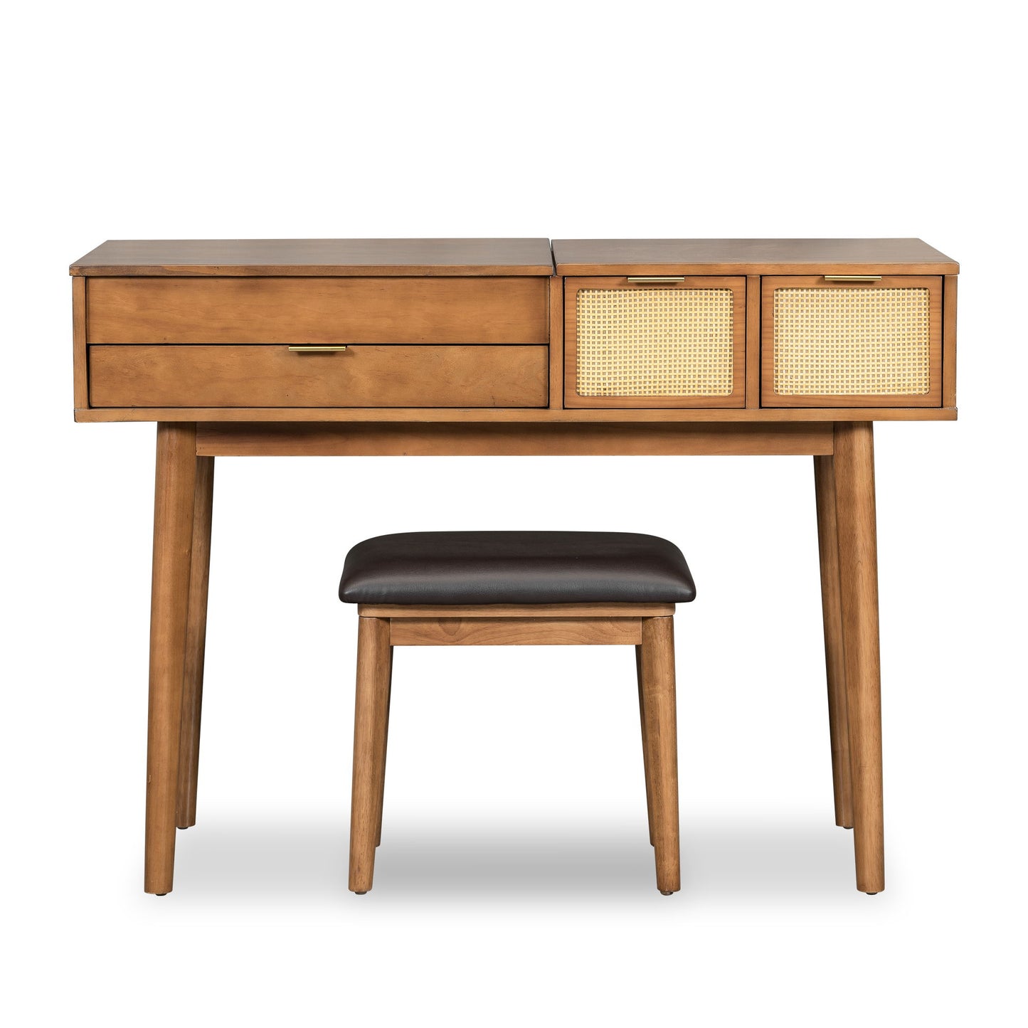 Classic Wood Makeup Vanity Set With Flip-Top Mirror And Stool, Dressing Table With Three Drawers And Storage Space - Brown