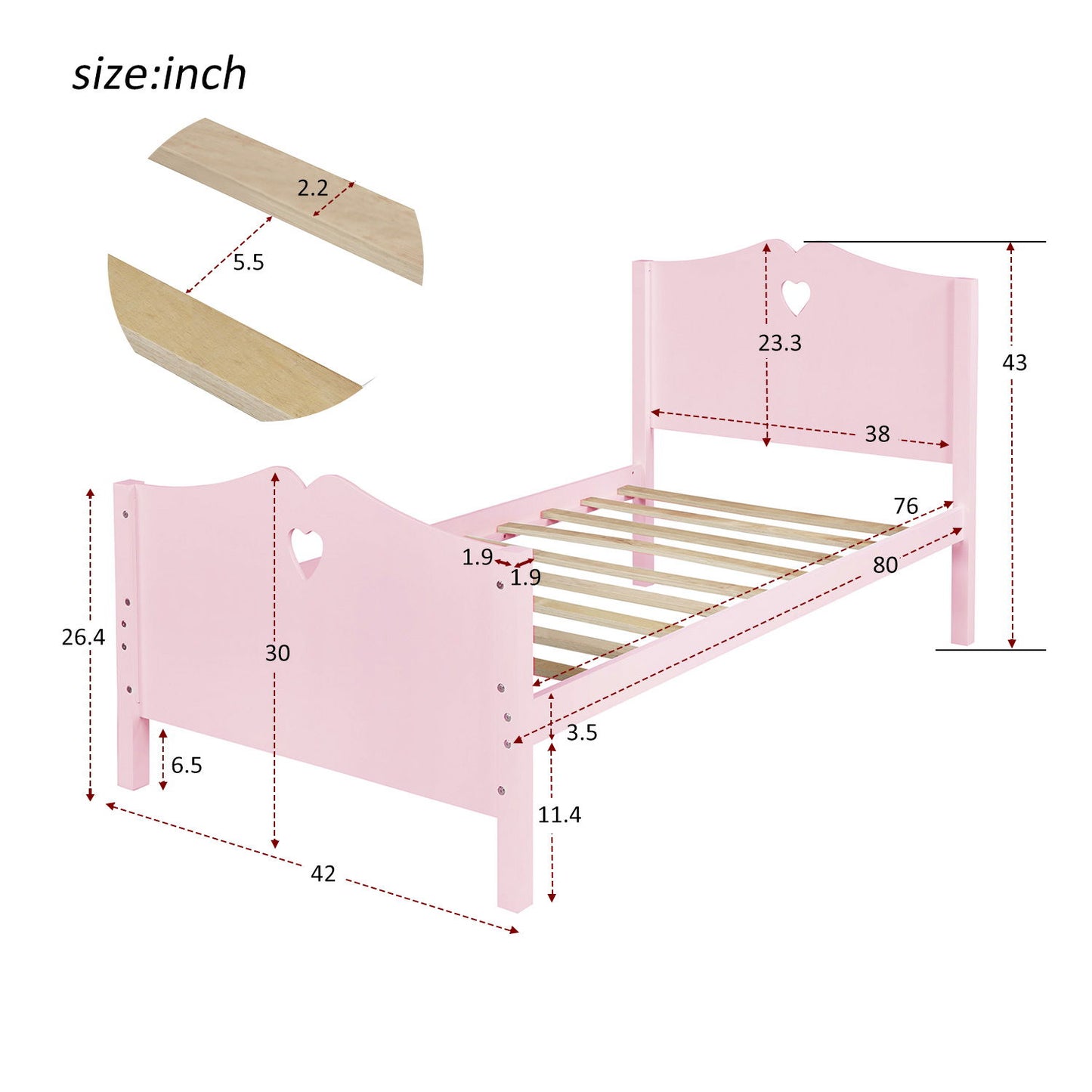 Twin Size Platform Bed With Headboard, Footboard And Slat Support - Pink