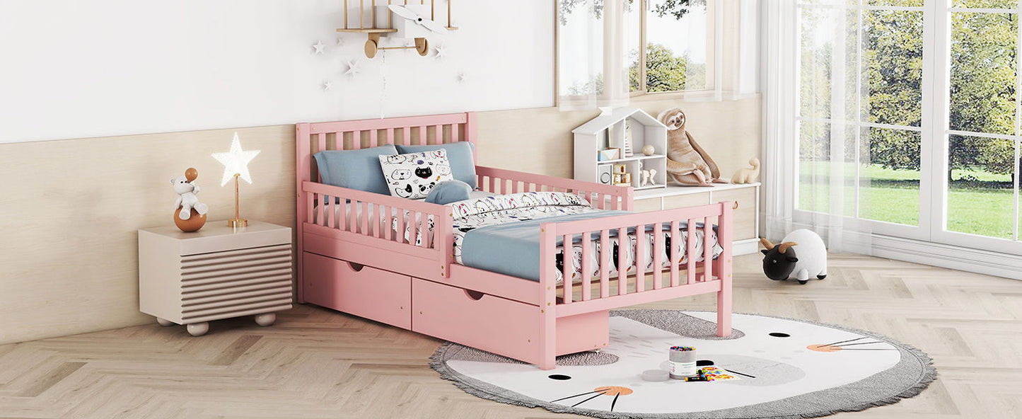 Twin Size Platform Bed With Guardrails On Both Sides And 2 Storage Drawers - Pink