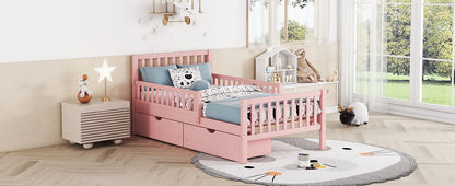 Twin Size Platform Bed With Guardrails On Both Sides And 2 Storage Drawers - Pink