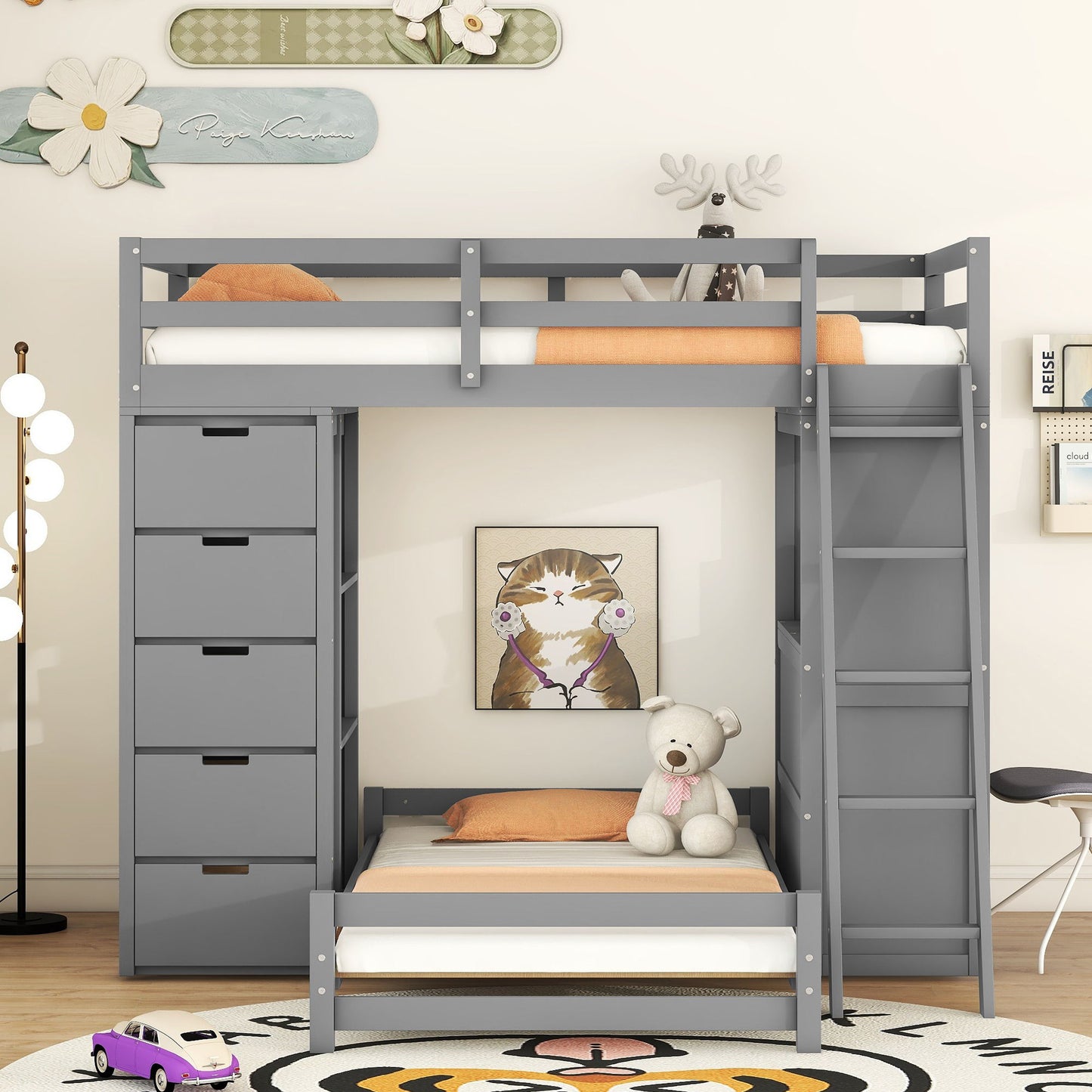 Twin Over Twin Bunk Bed With LED Light And USB Ports - Gray