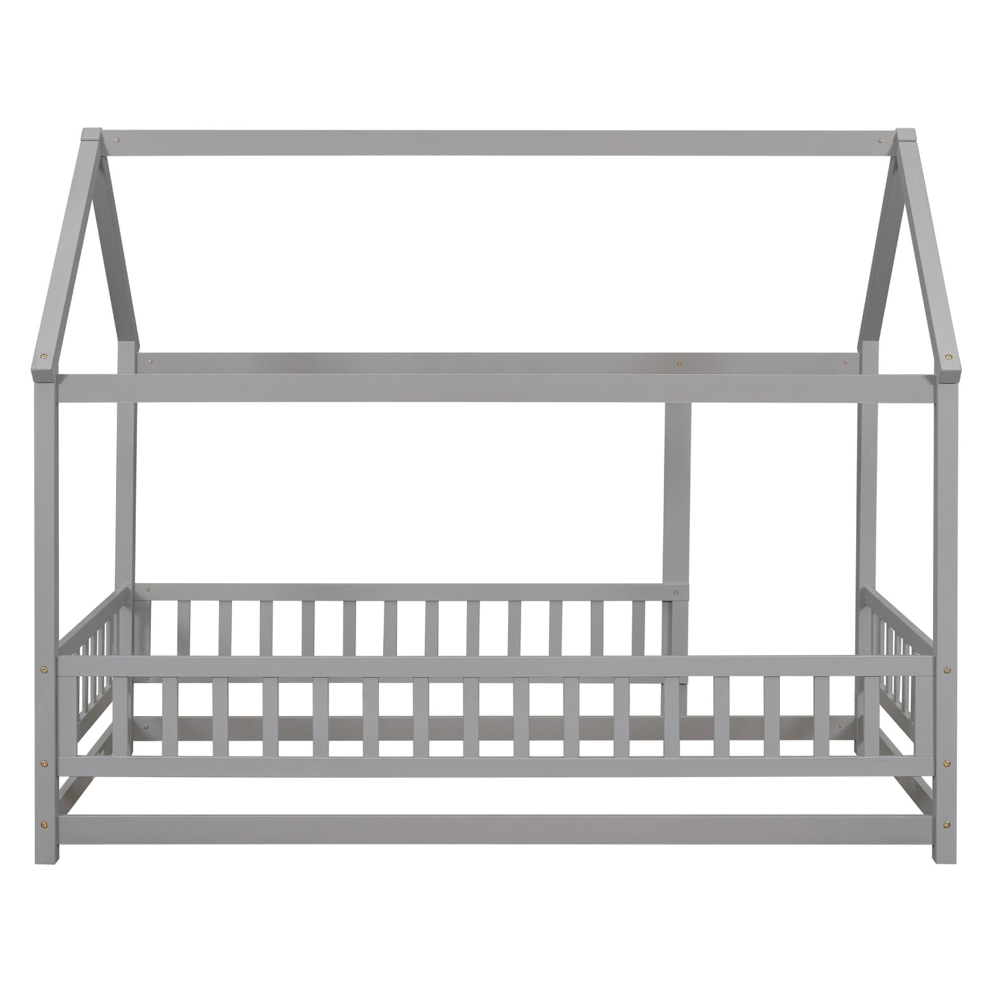 Twin Size Floor Wooden Bed With House Roof Frame, Fence Guardrails - Gray