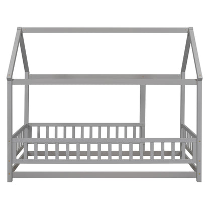 Twin Size Floor Wooden Bed With House Roof Frame, Fence Guardrails - Gray