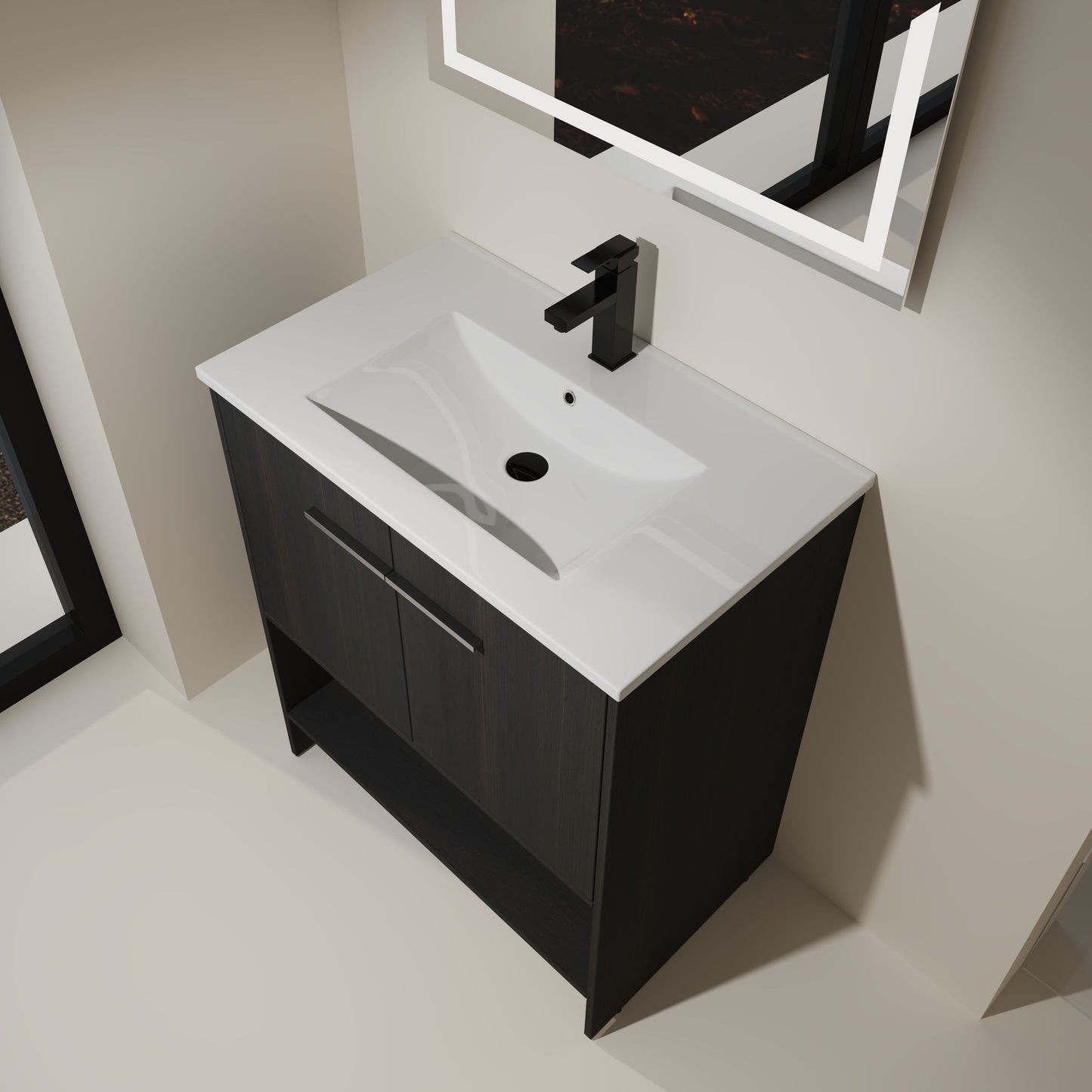 Modern Freestanding 30" Bathroom Vanity With Ceramic Sink, Soft Closing Doors Cabinet - Dark Oak