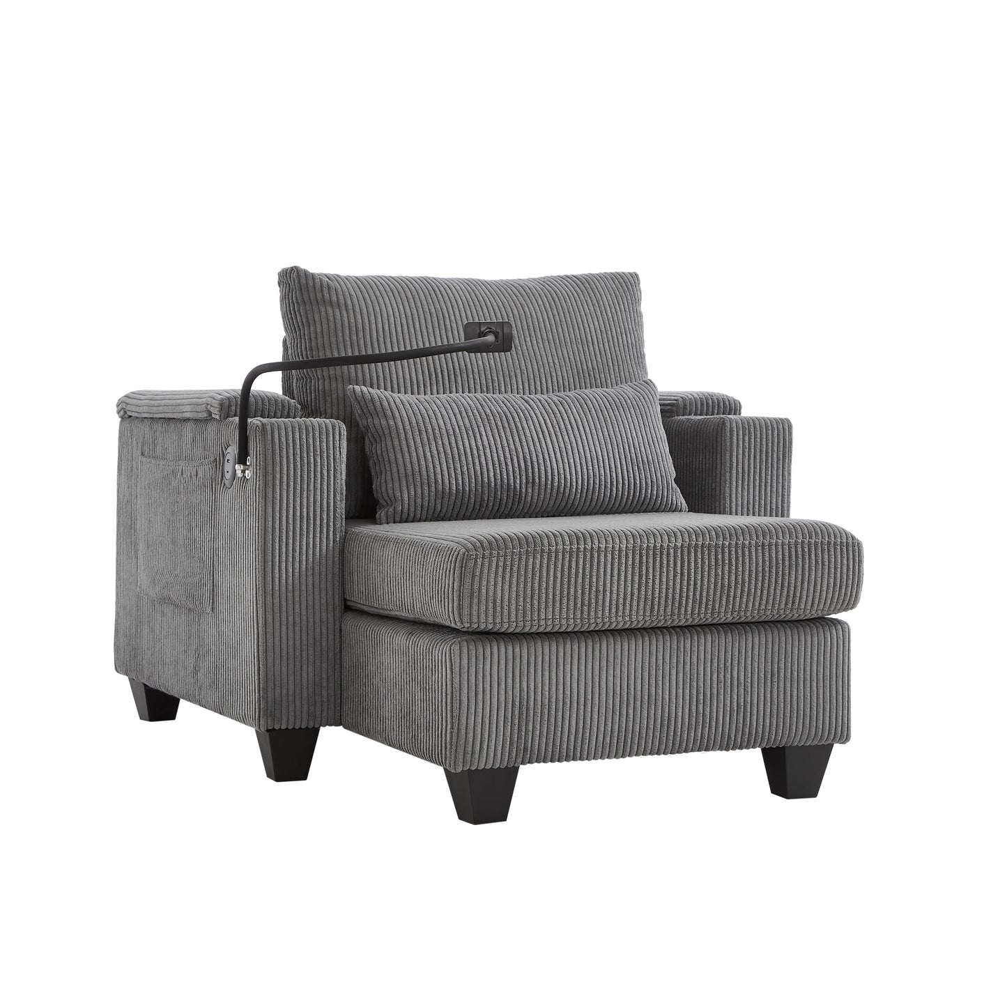 Convertible Chaise Lounge Sofa Chair Corduroy Sleeper With USB Ports, Cup Holders, Storage - Gray