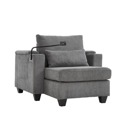 Convertible Chaise Lounge Sofa Chair Corduroy Sleeper With USB Ports, Cup Holders, Storage - Gray