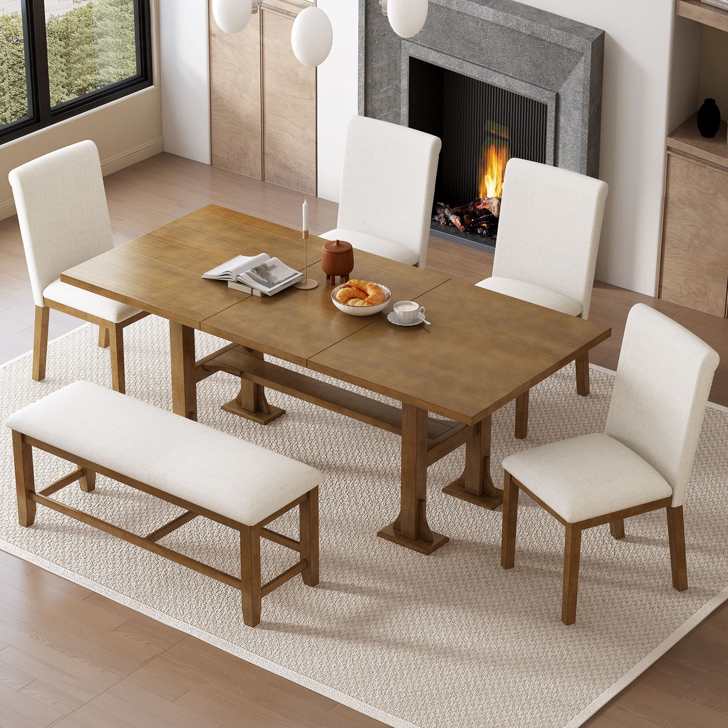 Topmax - 6 Piece Farmhouse Extendable Dining Table Set Trestle Kitchen Table Set With Removable Leaf And Upholstered Dining Chair And Bench For Dining Room - Dark Brown