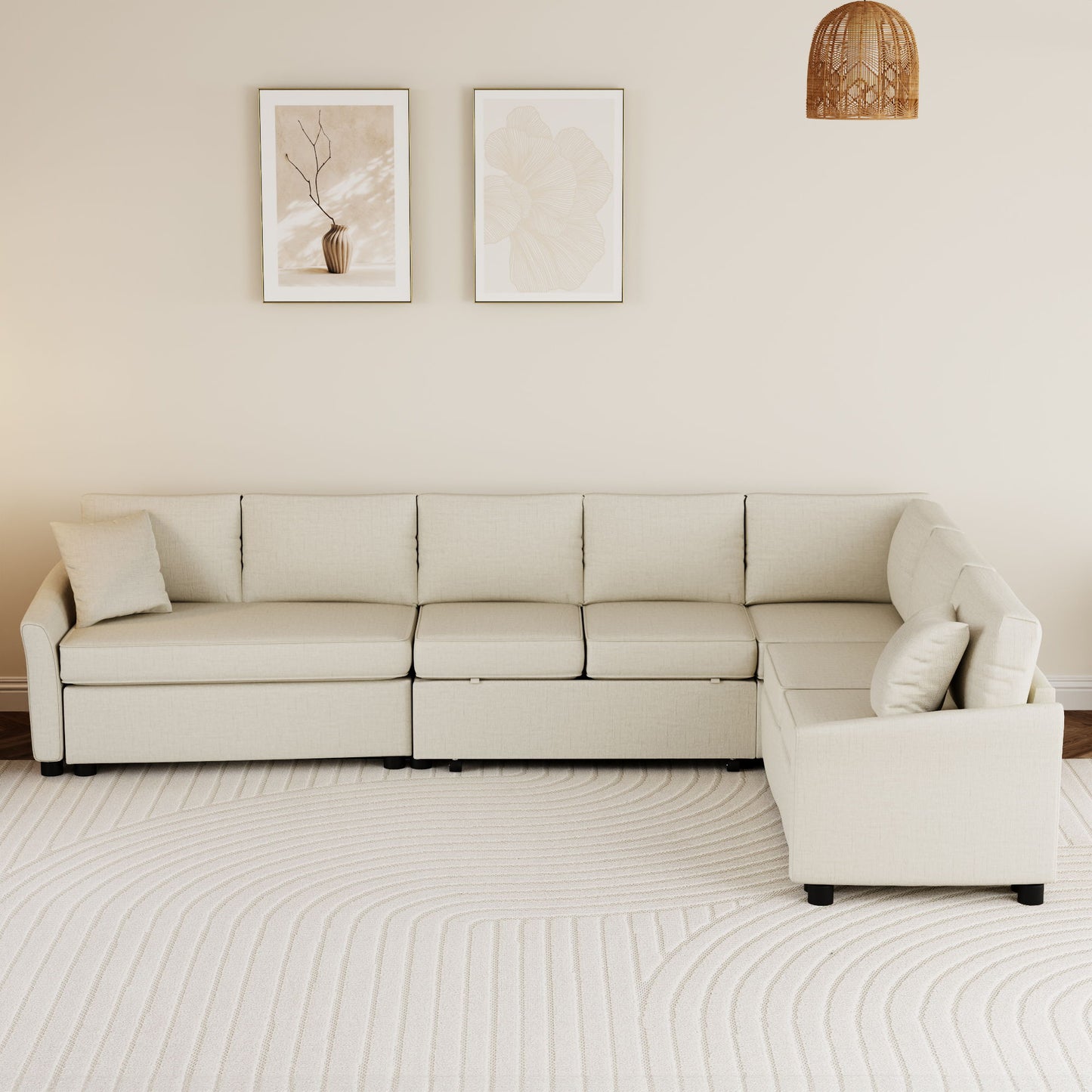 L-Shaped Sofa Convertible Sofa Bed Pull Out Sofa Sleeper With Two Back Pillows, Two USB Ports And Two Power Sockets For Living Room - Beige