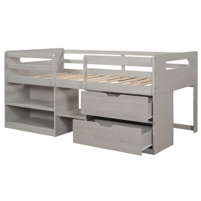 Twin Size Loft Bed With Two Shelves And Two Drawers - Antique Gray