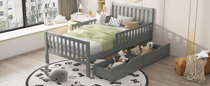 Twin Size Platform Bed With Guardrails On Both Sides And 2 Storage Drawers - Gray