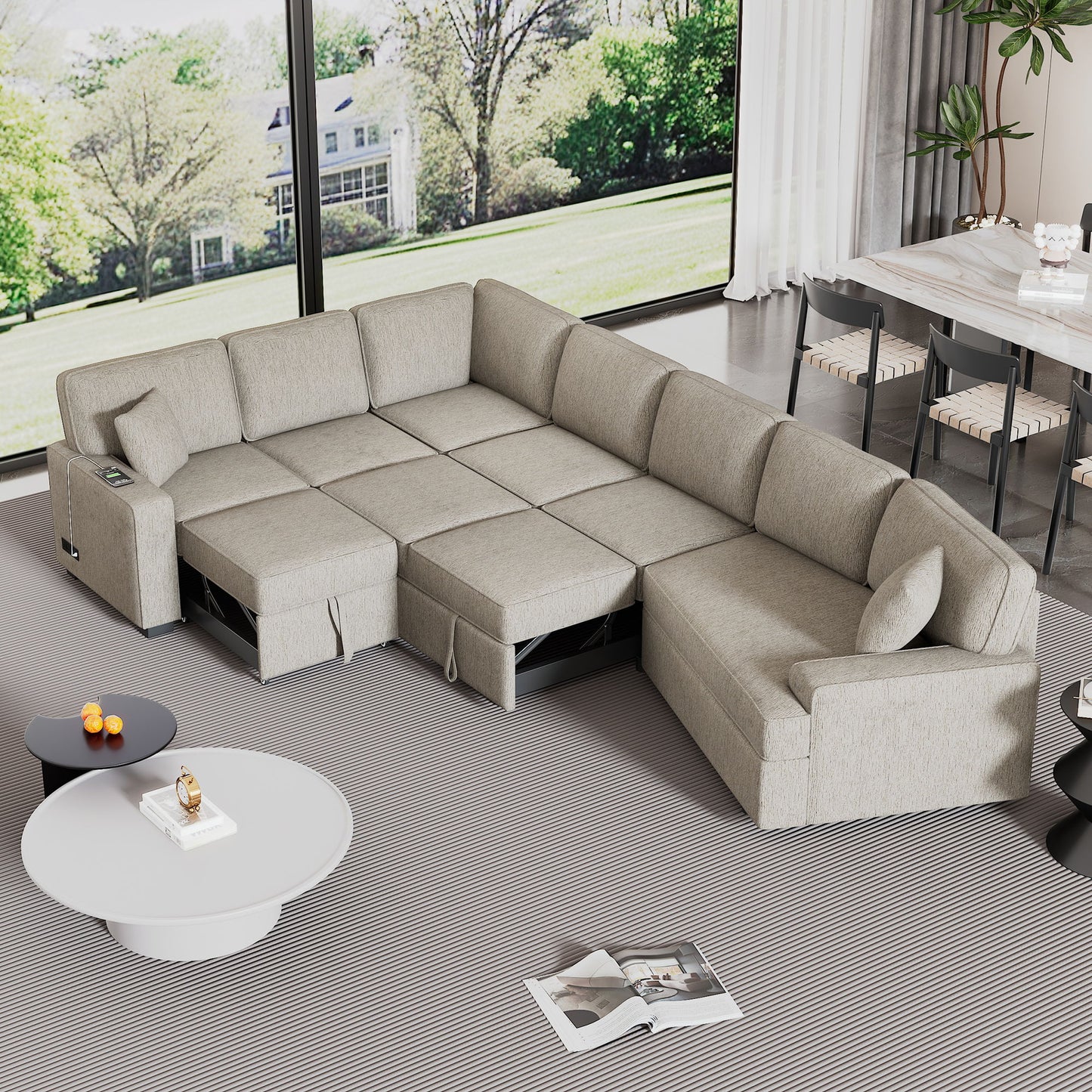 L-Shaped Sofa Sectional Sofa Couch Pull-Out Sofa Bed With Charging Devices And Cup Holders For Living Room - Beige