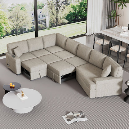 L-Shaped Sofa Sectional Sofa Couch Pull-Out Sofa Bed With Charging Devices And Cup Holders For Living Room - Beige