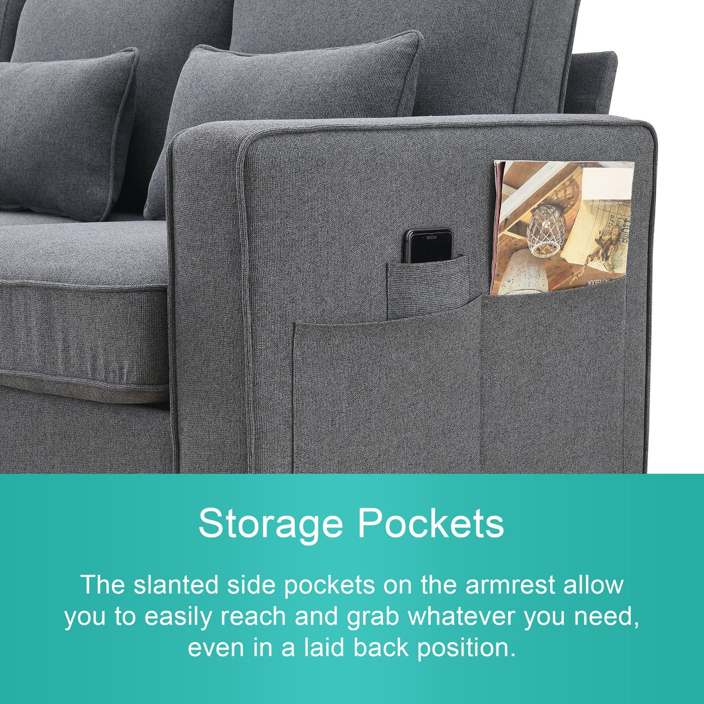 4 Seater Modern Linen Sofa With Armrest Pockets And 4 Pillows, Minimalist Style Couch - Dark Gray