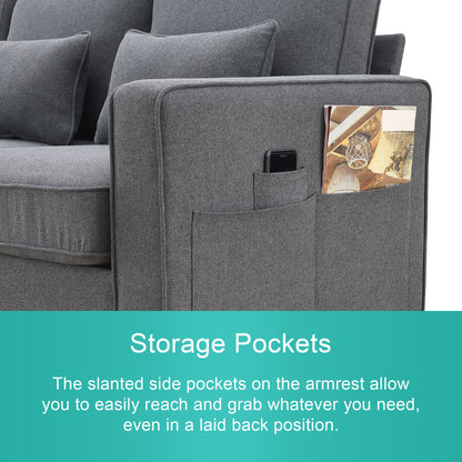 4 Seater Modern Linen Sofa With Armrest Pockets And 4 Pillows, Minimalist Style Couch - Dark Gray