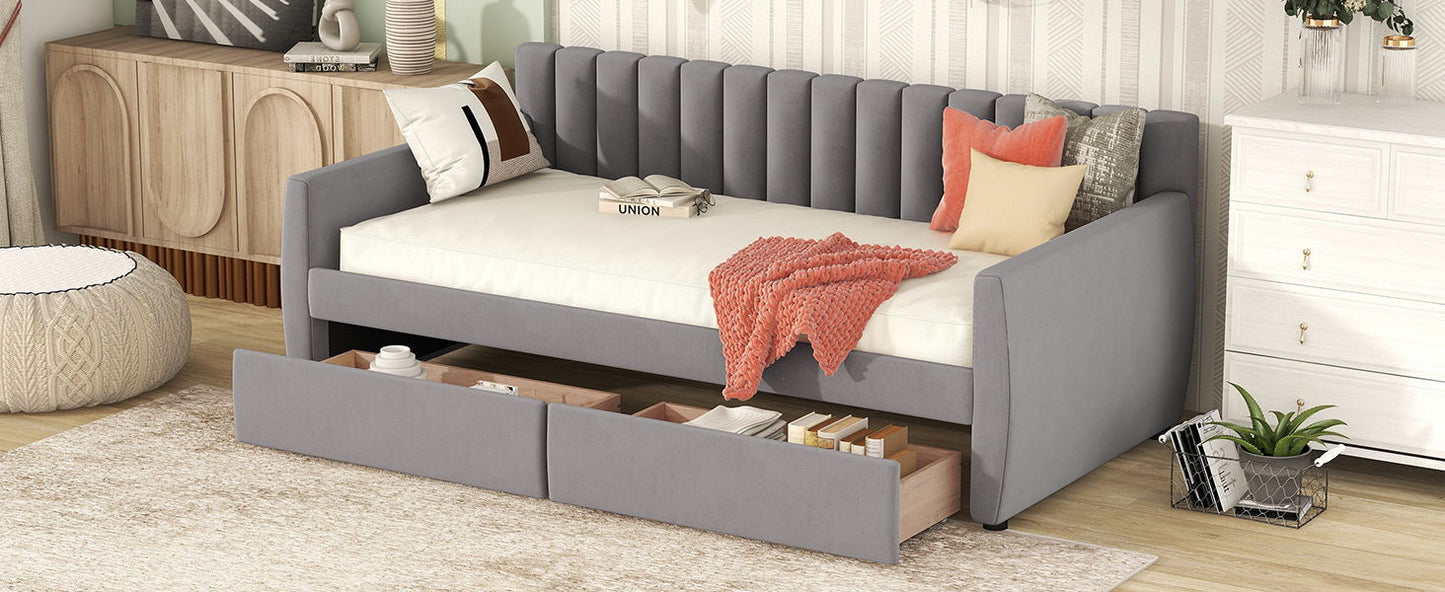 Twin Size Upholstered Daybed & Drawers, Slat Support - Gray